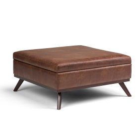 Owen 36 inch Wide Square Coffee Table Storage Ottoman in Distressed Saddle Brown Vegan Leather