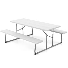 Folding Picnic Table Set with Metal Frame and All-Weather HDPE Tabletop, Umbrella Hole (Color: White)