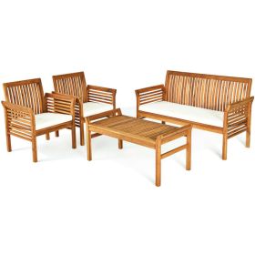 4 Pieces Outdoor Acacia Wood Sofa Furniture Set (Color: as show)
